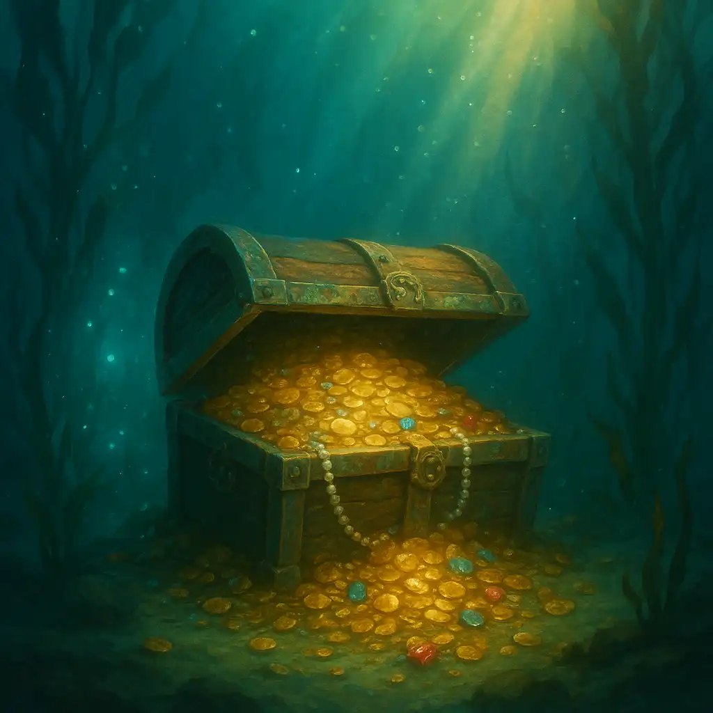 Sunken treasure chest glowing with gold coins and bioluminescent light beneath the waves